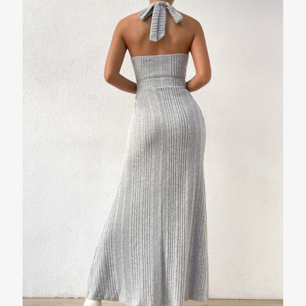 Sexy Sweetheart Cut Out Ribbed Knit Halter Maxi Dress Gray - Picture 2 of 6